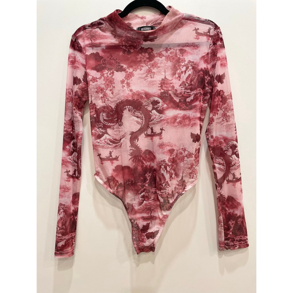Missguided Pink Burgundy Dragon Tattoo Micro Mesh Sheet Bodysuit 8 Baddie Y2K